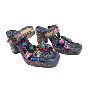 SPRING STEP L’ARTISTE WOMEN'S GINEVRA-BLUE LEATHER SANDALS SIZE 36 FLORAL HEEL